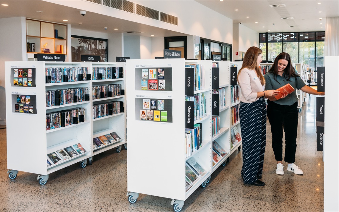 A borrower is assisted by a staff member in the library