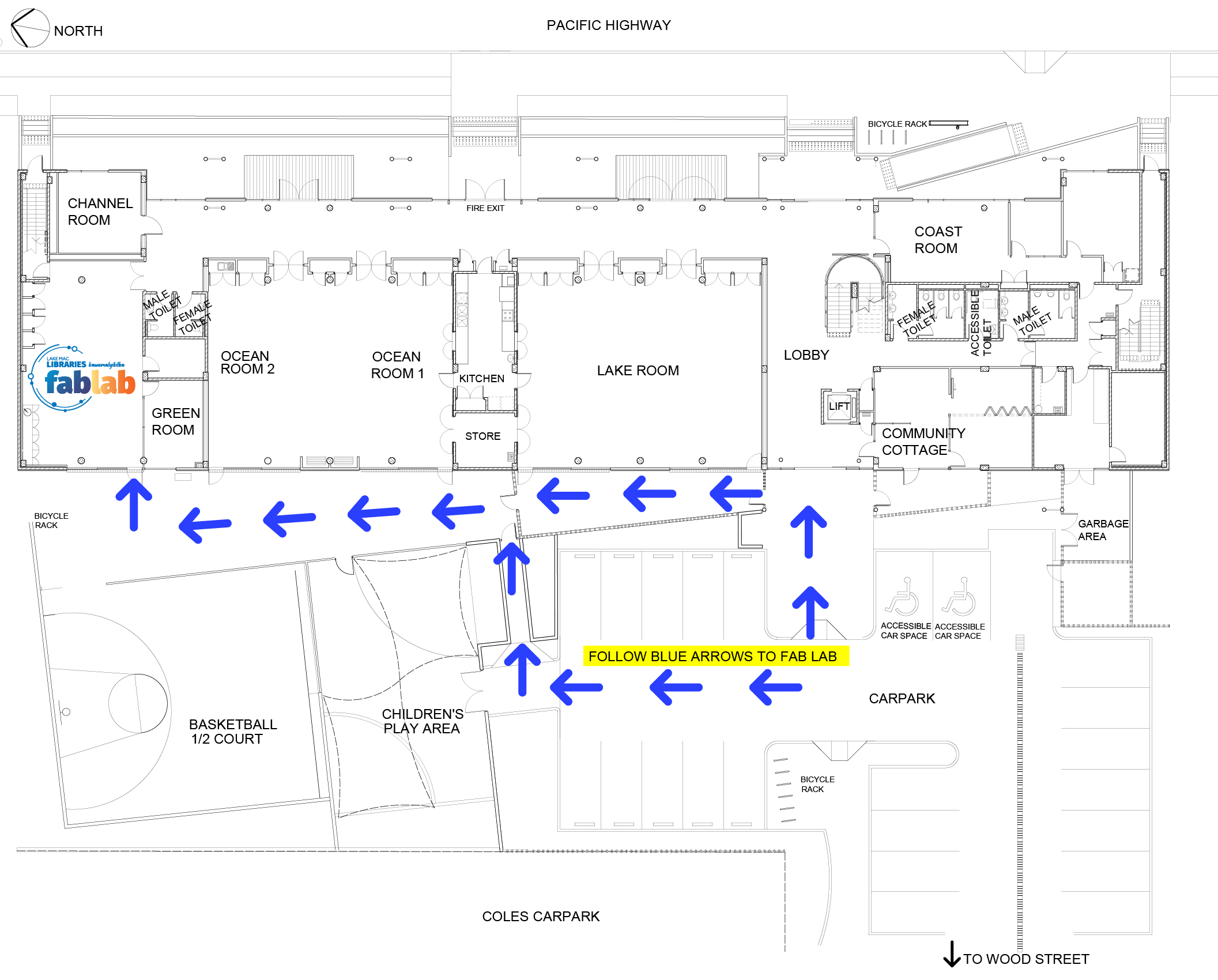 Map showing way to access Fab Lab from the carpark off Wood Street
