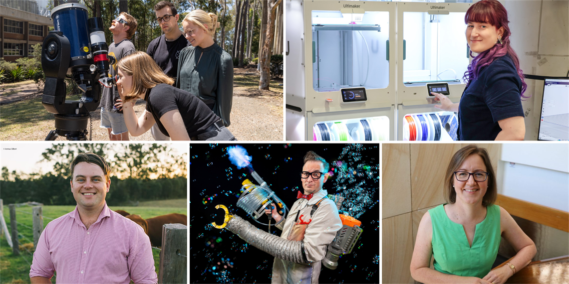 Scientist and Makers appearing at Lake Mac STEAM including university students standing around a solar telescope, Claire Chaikin -Bryan at a 3D printer, Joshua Gilbert standing in a field, Pretty Amazing Jono wearing one of his crazy inventions on his arm and physicist Karen Livesly